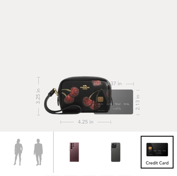Coach Pouch Wristlet Black Smooth Leather With Cherry Print Zip Closure - Picture 13 of 16